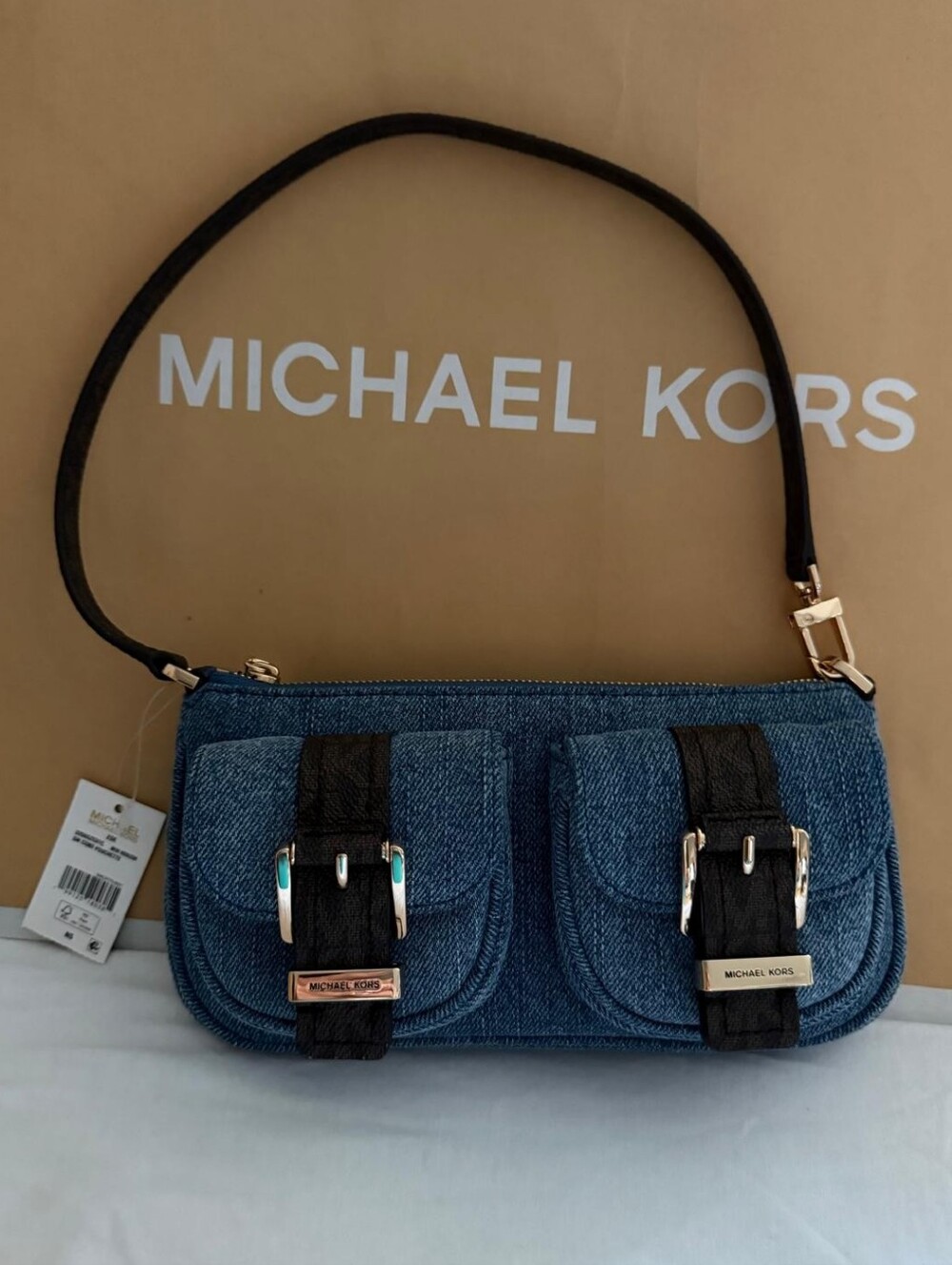 Michael Kors Denim Mini Shoulder Bag with Black Straps and Gold Hardware